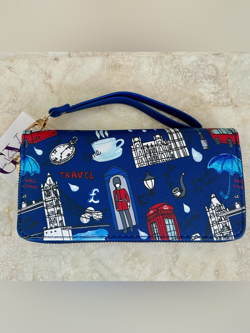Gloria Vanderbilt NWT Blue London Themed Wristlet Wallet. 4”x8”